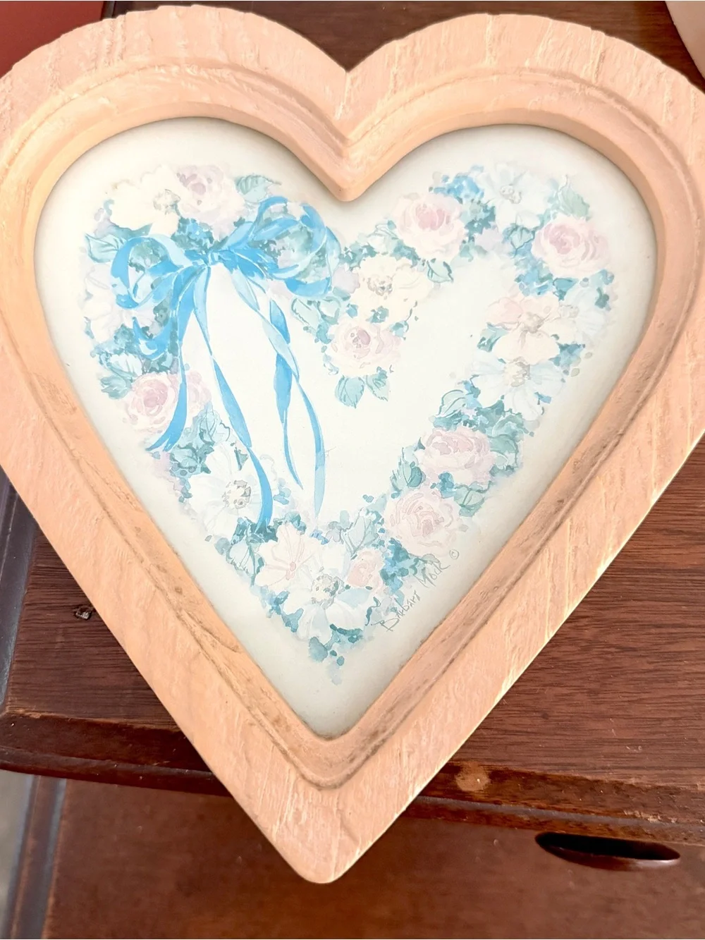 Vintage Heart Wreath Floral Art Cottage Shabby Chic Peach Faux Wood Wall Art